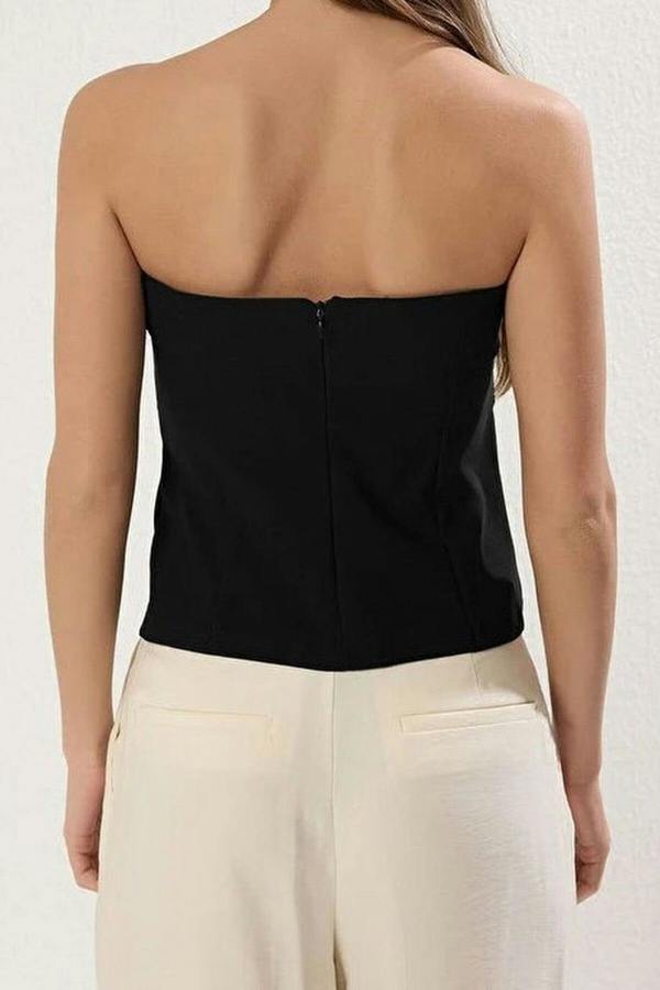 WOVCOR Strapless Fitted Woven Blouse with Thin Belt Detail