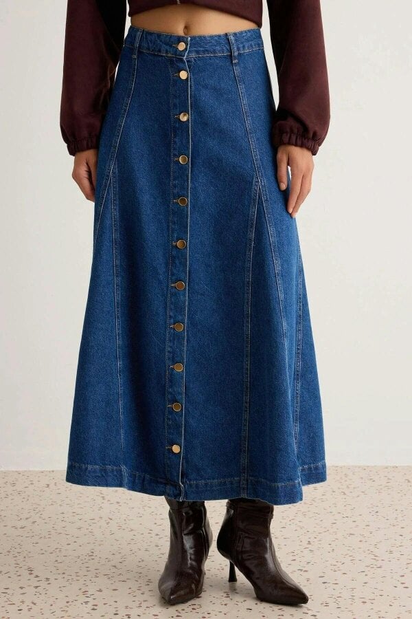 WOVCOR High Waist Button Front Maxi Denim Skirt