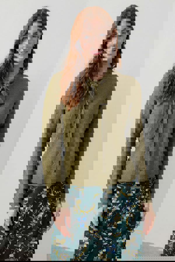 Lily & Me Elise Tie Neck Pointelle Jumper Moss