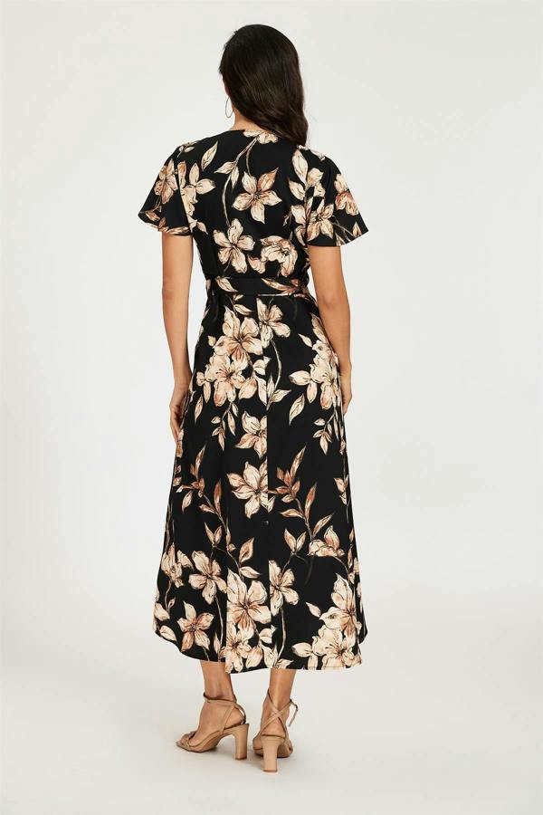 FS Collection Black & Brown Floral Print Wrap Maxi Dress