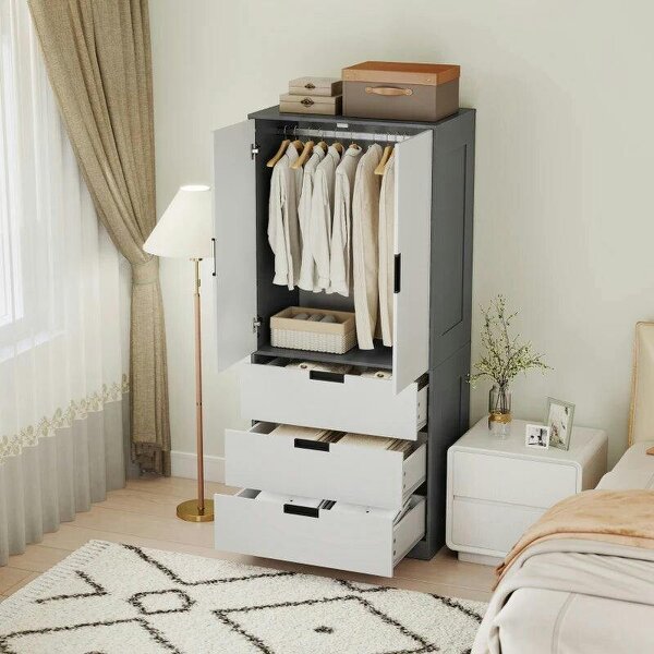 Modern Clothes Storage Cupboard Unit, 3 Drawer 2 Door Wardrobe with Hanging Rod, Grey