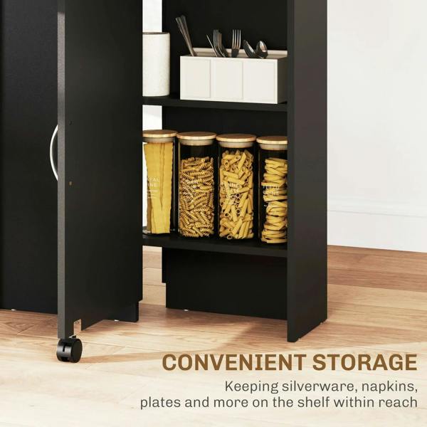 Two-tier storage shelf dining table in black with oak top, with jars and pantry items