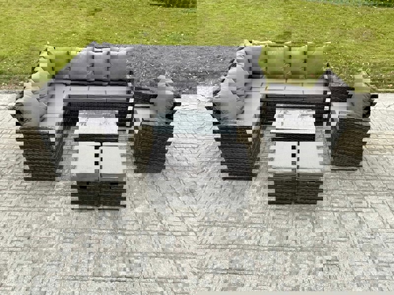 Fimous Rattan Lounge Corner Sofa Set Wicker PE Outdoor Garden Furniture Set with Rectangular Coffee Table 2 Small Footstools Chair Dark Grey Mixed
