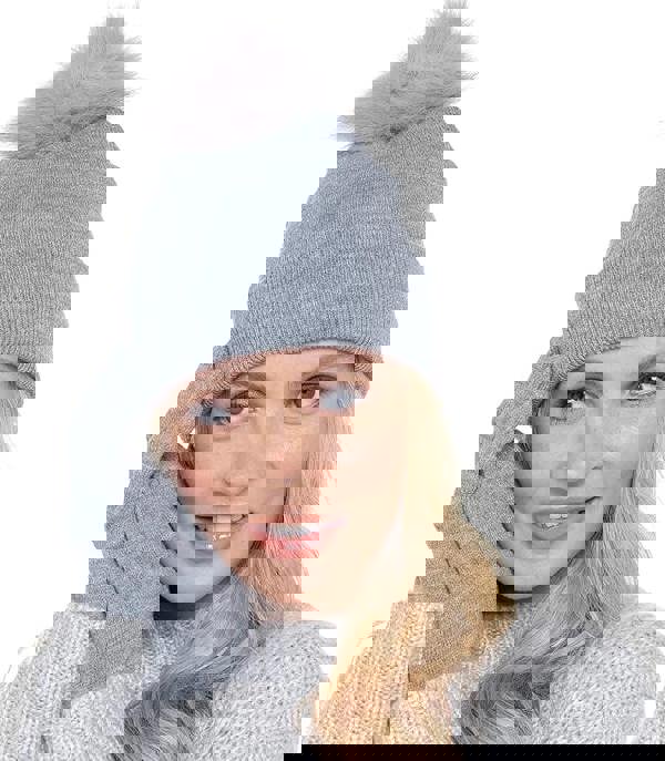 KAV Ladies Winter Bobble Hat And Touchscreen Glove Set - One Size Winter Ear Warmer Set for Women - Light Grey