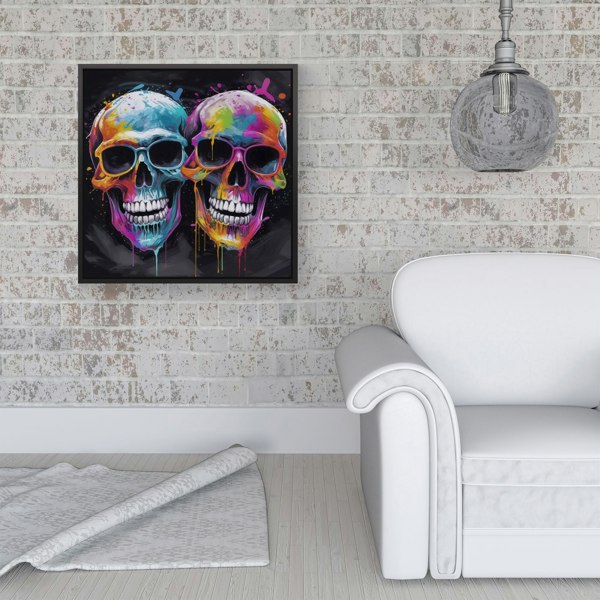 Warren Reed Splash Art Happy Skeletons In Glasses Framed Canvas