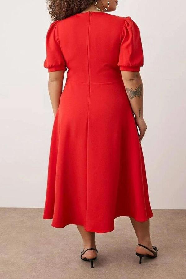 WOVCOR V-Neck Balloon Sleeve Pearl Button Midi Elegant Woven Plus Size Dress