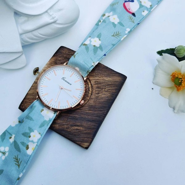 The Colourful Aura Floral Print Changeable Fabric Strap Women Bracelet Wristwatch - Light Blue