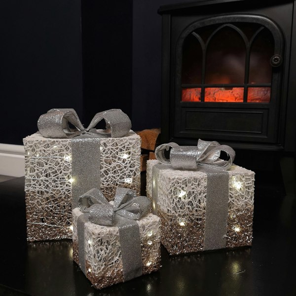 Samuel Alexander Set of 3 Battery Operated Gold Sparkly Christmas Gift Boxes with LEDs