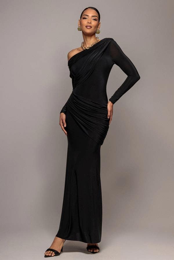 Off Shoulder Gathered Panel Soft Touch Maxi Dress - Black DR5087