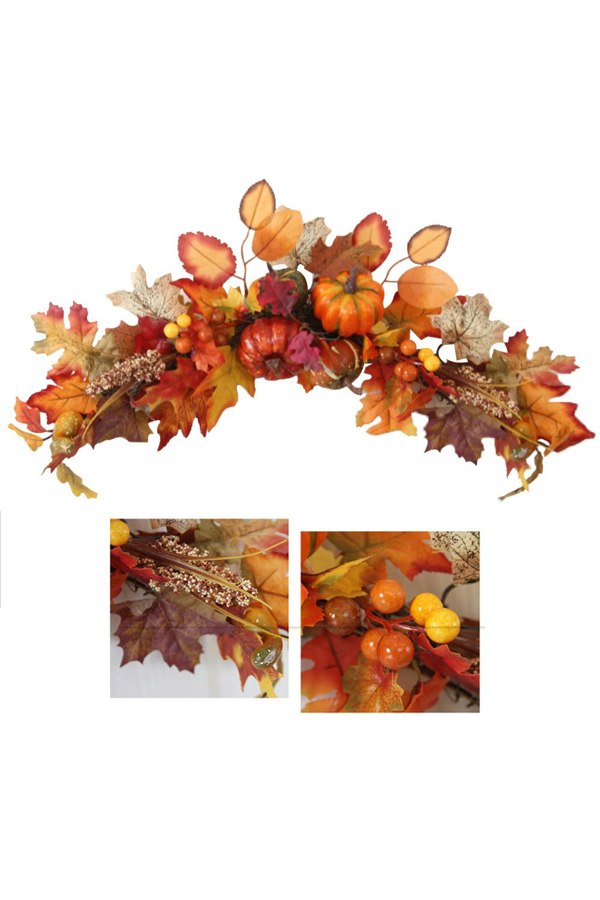 Living and Home 60cm Artificial Autumn Swag Maple Leaves Berry Pumpkin Arch Garland with Light for Halloween Thanksgiving Decor