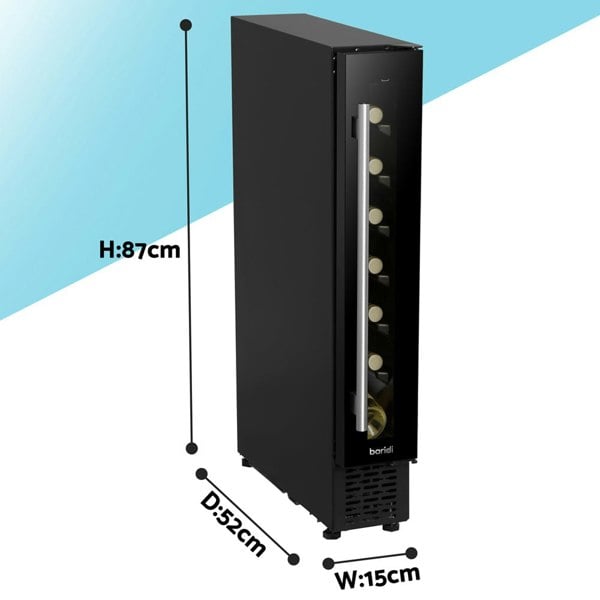7 Bottle 15cm SLIM Wine Cooler Fridge LED Backlit Metal Shelf BLACK & GLASS - LoopsDirect
