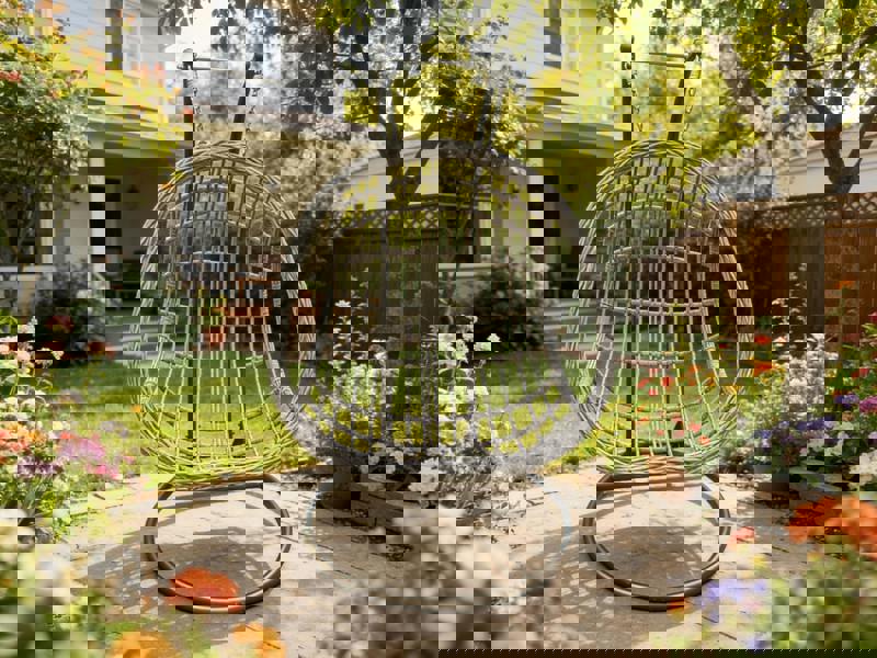 Fimous Indoor Outdoor Patio Rattan Two Seater Egg Hanging Chair Garden With Grey Thick Cushion