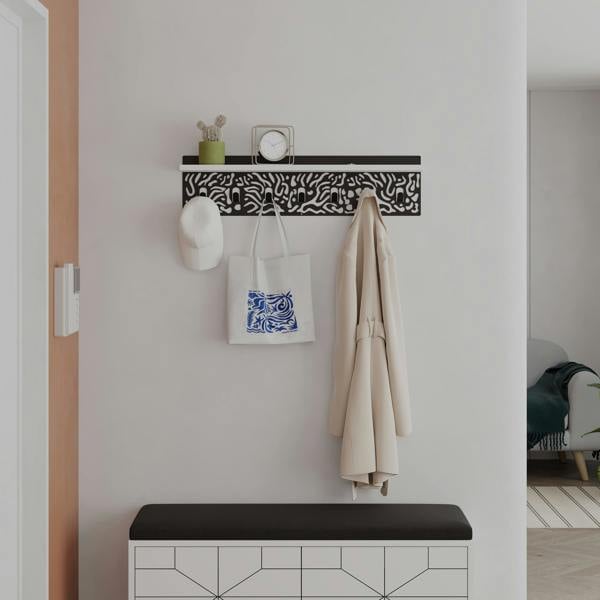 Decortie Novo Wall-Mounted Coat Rack Metal 7 Hooks and Open Shelf Storage Space, Hallway, Bedroom (Black Metal)