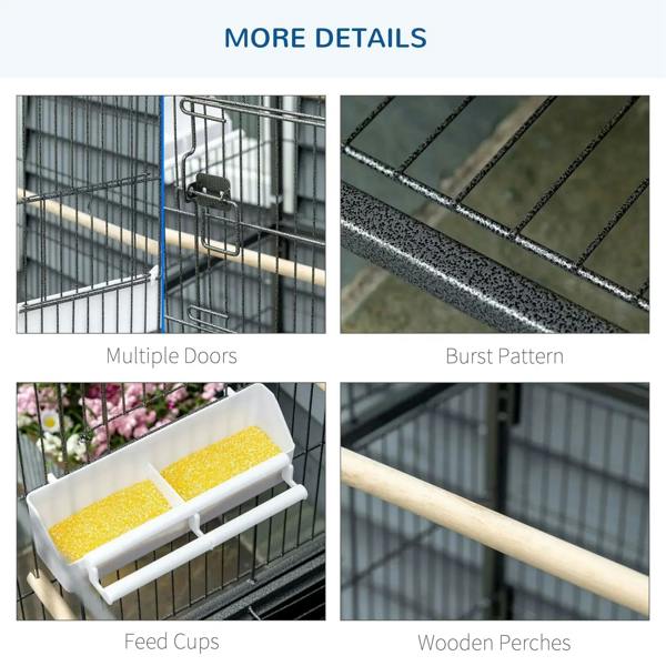 Bird cage features: multiple doors, feed cups, and wooden perches in dark grey