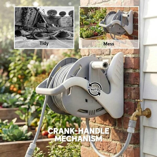 Bobobiy Portable Garden Hose Reel, 20+2 m Wall Mounted Hose Reel with 2 Patterns Spray Nozzle and Crank Handle, Grey