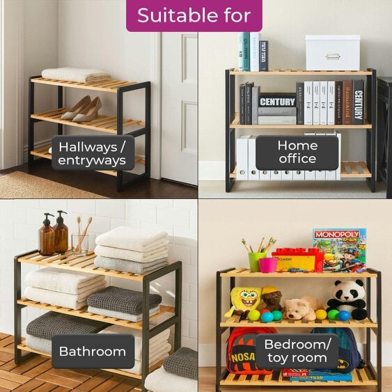 Neo Black Natural 3-Tier Bamboo Shoe Rack Stand Natural Wooden Shoe Storage Shelf for Hallway Bedroom Bathroom