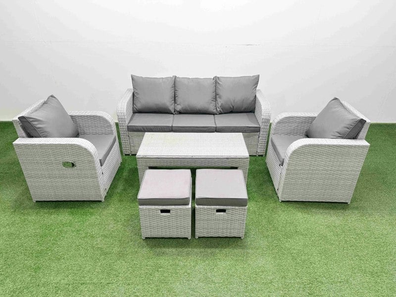 Fimous PE Rattan Garden Furniture Set Reclining Chair Sofa Lounge Sofa Set Rectangular Coffee Table 2 Small Stools Light Grey