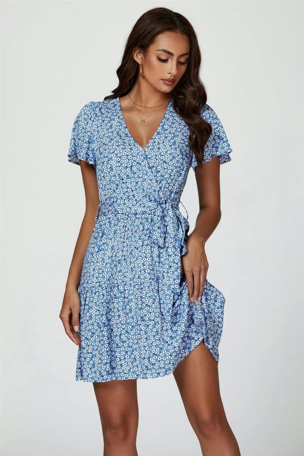 FS Collection Floral Print Hem Tiered Wrap Mini Dress In Blue