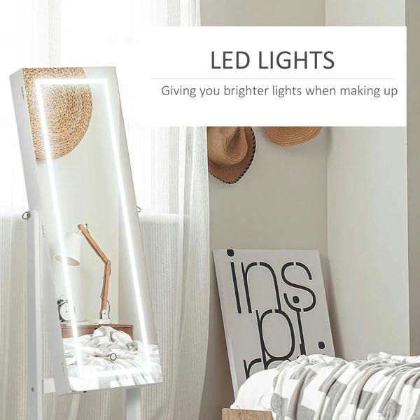 White jewelry cabinet with full-length mirror and LED lights for dressing