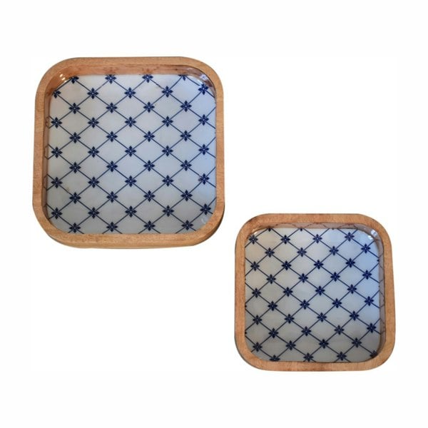 Artisan Furniture Solid Wood Blue and White Square Bowl Set of 2