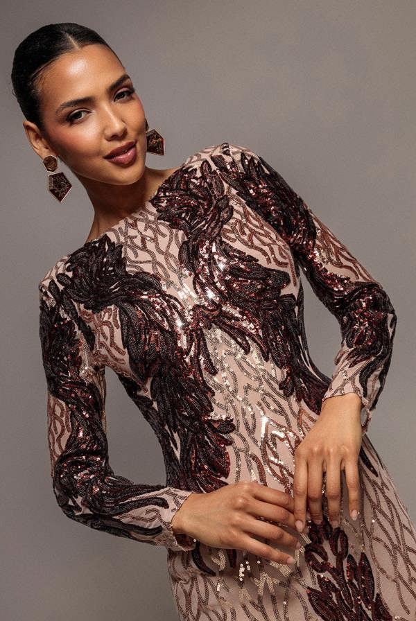 Boat Neck Full Sleeve Sequin Midi Dress - Champagne DR3008