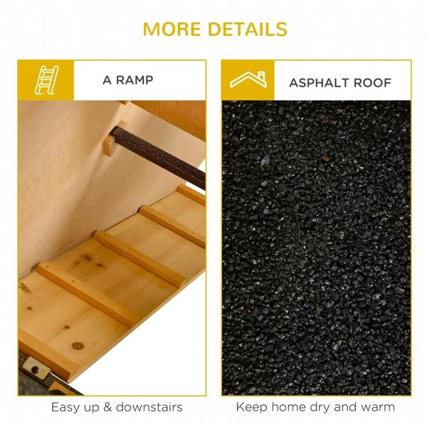 Rabbit hutch detail: wooden ramp section and black asphalt-style roof panel.