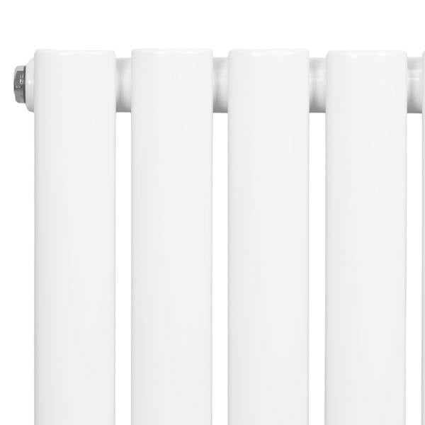 White oval single column radiator with a smooth, glossy finish, featuring rounded edges and a compact 600 x 600mm design