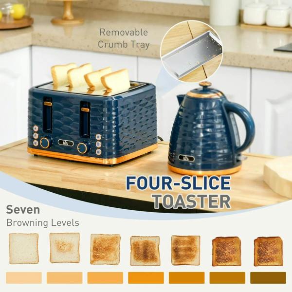 Blue four-slice toaster with removable crumb tray illustration and rising bread