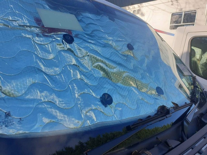 The front windscreen of the OLPRO VW T4 Internal Silver Blind Set on a VW T4.