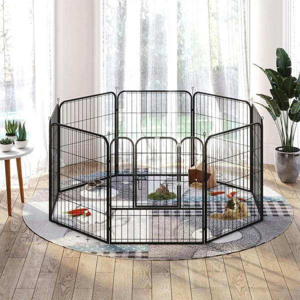 Black 8-panel metal puppy playpen with front gate and indoor flooring