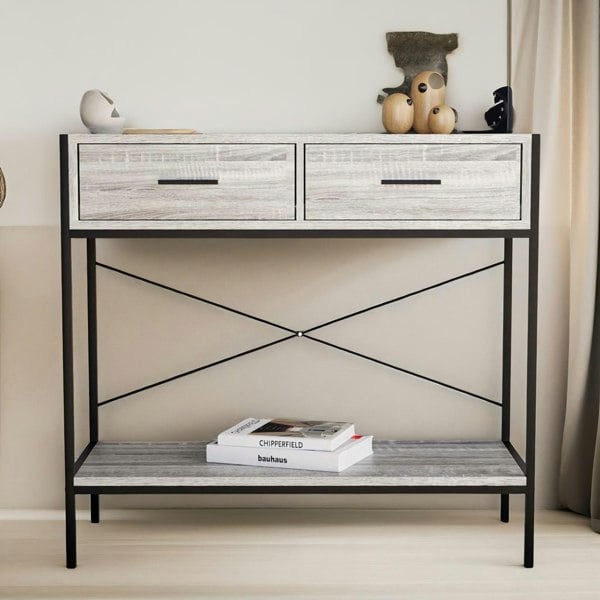 Rafaelo Mobilia 2 Drawer Industrial Console Table Grey