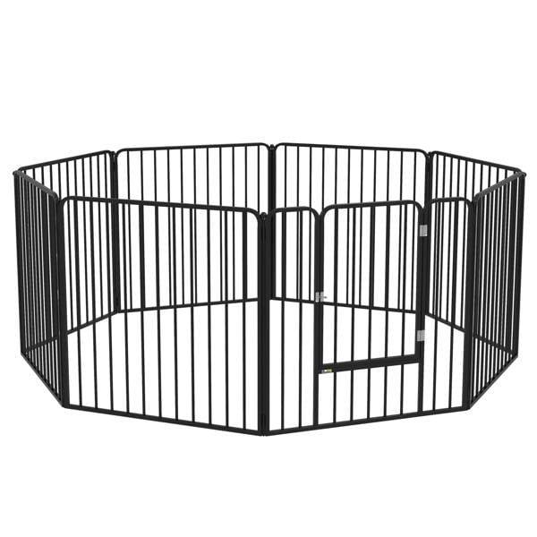 Black 8-panel dog playpen with curved ends and vertical steel bars