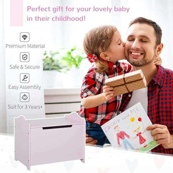 Pink wooden kids toy box with lift-up lid, front handle slot, and safety hinge.