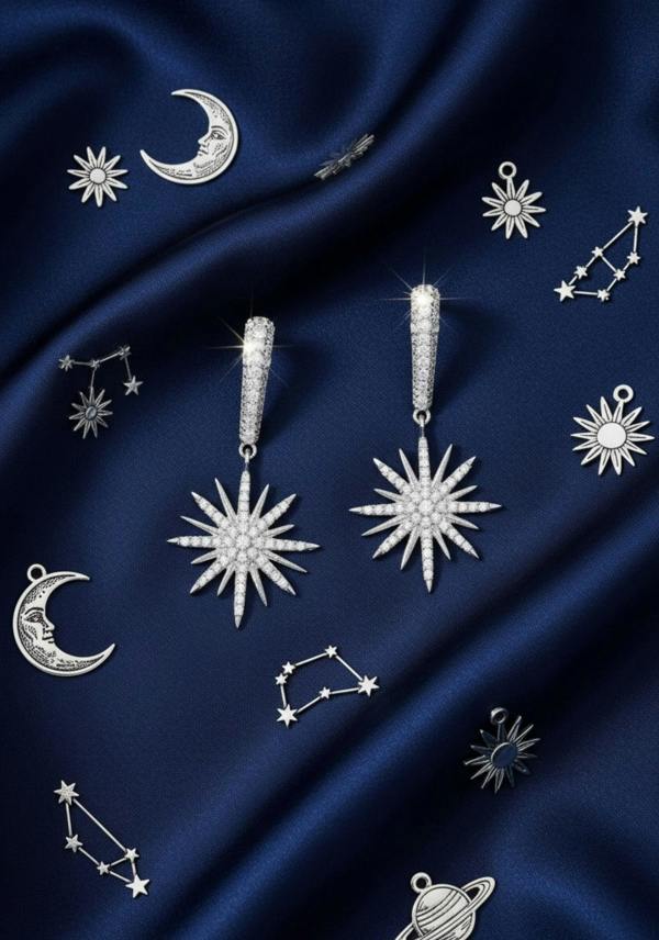 Silver star-shaped earrings with silver gemstones on a dark blue fabric background