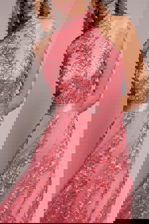 Halter Neck Lace High And Low Dress - Coral DR3346QZ