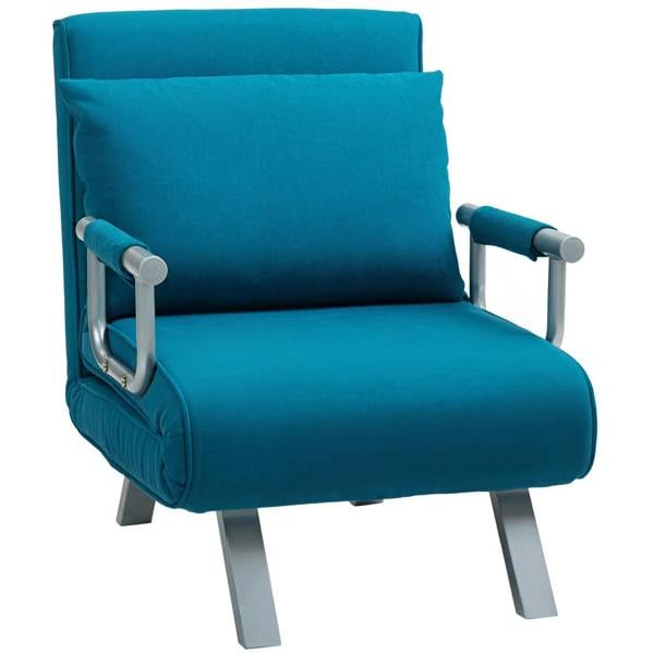 Blue faux suede 4-in-1 chair bed with armrests and metal legs