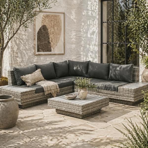 Wyld Haus Vaneno Rattan Light Grey 5 Seater Outdoor Corner Sofa And Coffee Table Set With Cushions