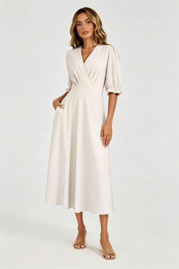 FS Collection Half Sleeves Jersey Midi Dress with Wrap Neckline In Light Oat