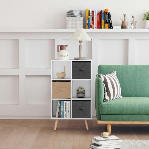 Wyld Haus Nadiro Wooden White 6 Cube Storage Unit With 3 Fabric Drawers And OFauxn Shelves