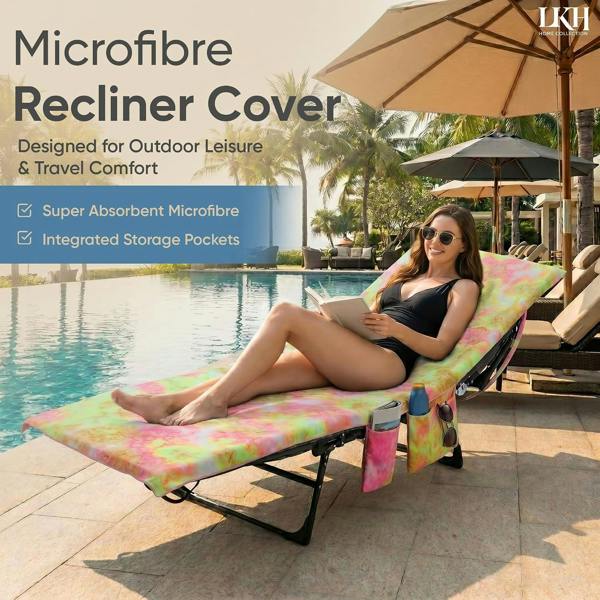 LKH HOME COLLECTION Sun Lounger Towels with Pockets & Shoulder Strap - 210x75CM Microfibre Beach Towel for Recliner for Pool Chairs