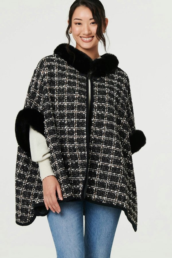 Black | Checked Faux Fur Trim 3/4 Sleeve Poncho