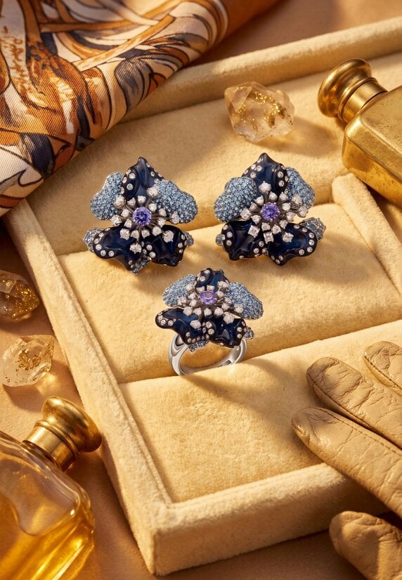 Latelita Blue Orchid Flower Cocktail Ring Silver