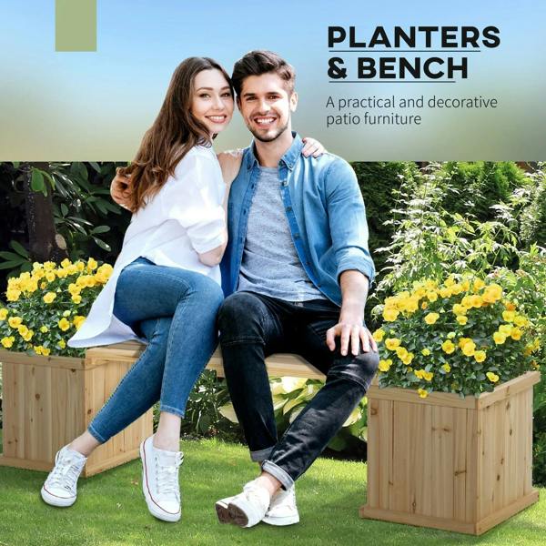 Natural wooden planter and bench set with flowers, people sitting on the bench