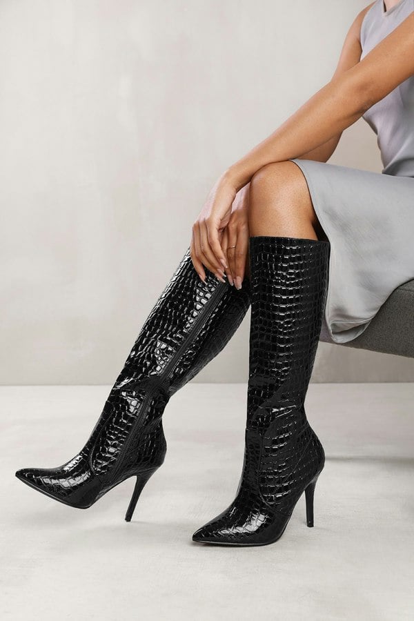 Where's That From Zoya High Heel Boot in Black Croco Patent