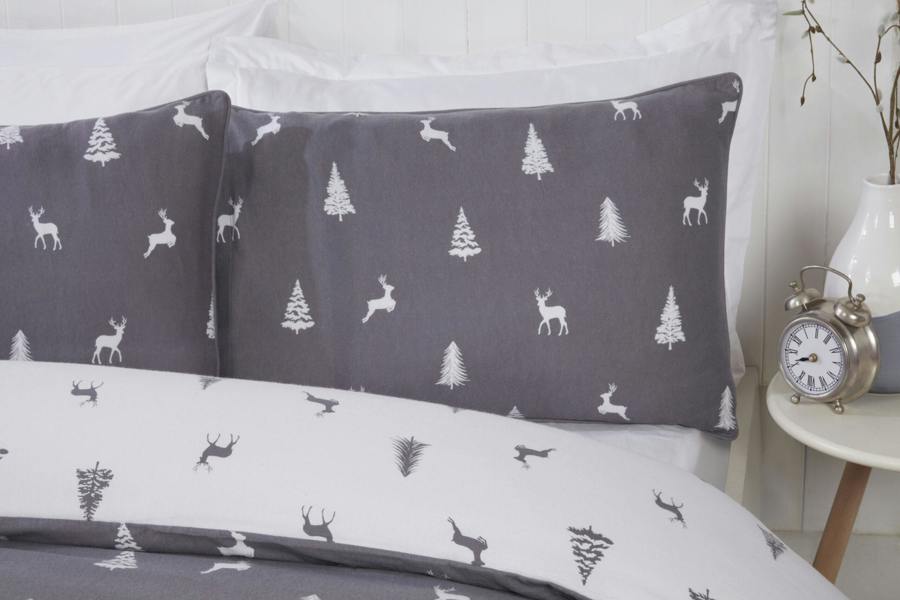Smart Living Stag & Trees Flannelette Cotton Reversible Duvet Set - Grey