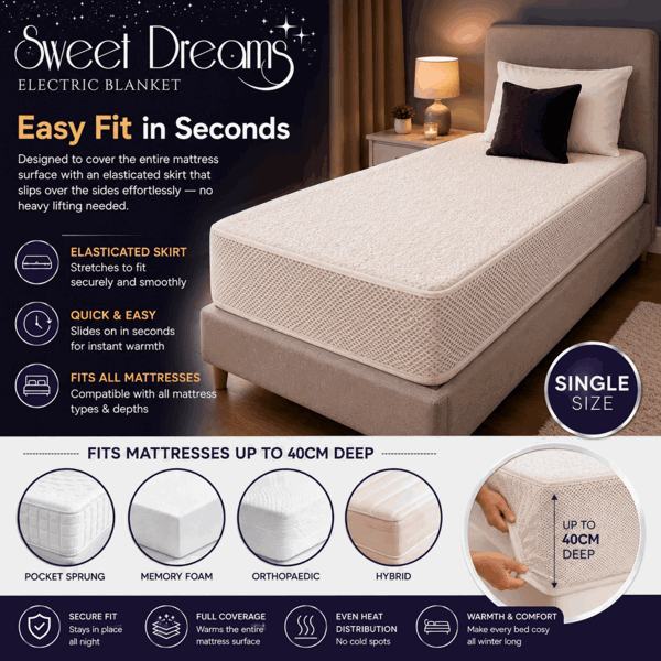 Sweet Dreams Luxury Fleece Electric Blanket Single Size, Machine Washable Underblanket, Digital Control, Overheat Protection