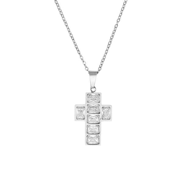 Say It With Emerald Cut Cross Necklace - Silver