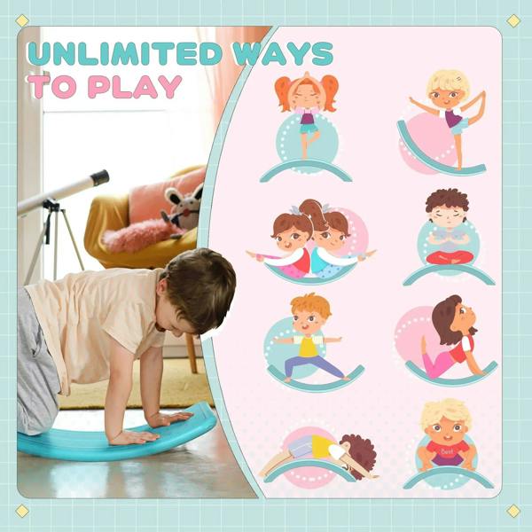 Teal kids balance board, curved design with textured grip pattern for wobbling play.