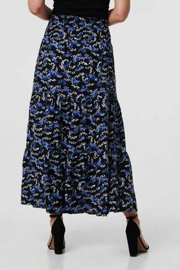 Blue | Floral High Waist Shirred Maxi Skirt
