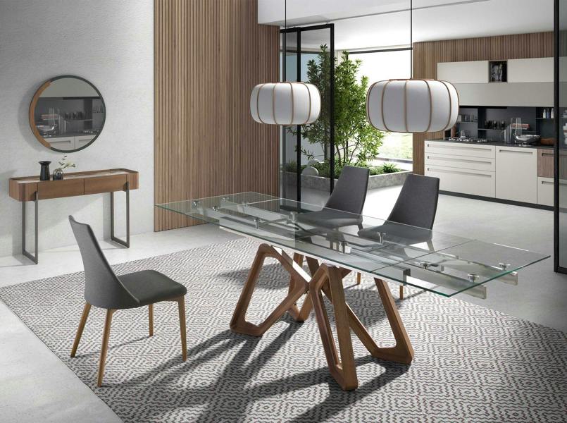 Angel Cerdá Rectangular tempered glass and walnut extending dining table 1122